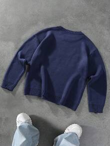 Manfinity EMRG Men's Letter Distressed Crew Neck Long Sleeve Casual Sweater, Autumn/Winter - Navy Blue - View 2