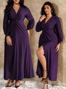 Roveilla 大码女式V领长袖连衣裙，休闲优雅，适合派对穿着 - 紫色 - 查看 1