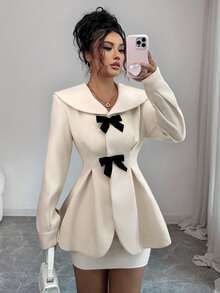 Selianne Áo khoác nữ cổ xanh navy tay dài ôm eo trang trí nơ viền bất đối xứng thanh lịch tinh tế thời trang thu đông - Màu be - Xem 7