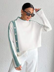 EURMUSE Casual Color Block Stand Collar Sweater, Autumn/Winter - Mint Green - View 5