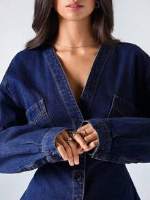 LYSMO Women's Fashion Waist Cinched Denim Blouse - Dark Wash - View 3