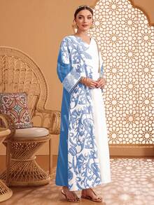 Al Najma Asymmetrical Random Print Patchwork Long Cardigan Kaftan Jalabiya Dress - Blue - View 4