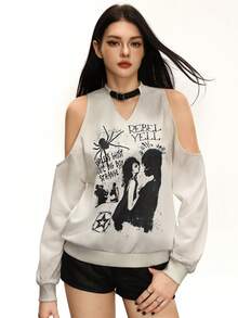 Rina Fox Moletom Feminino Casual, Solto e Versátil, Ombro Caído