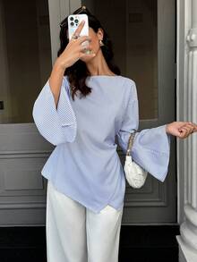 SHEIN LUNE Women's Fresh Striped Oversized Cuff Shirt - Blue and White - View 5