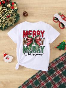 Merry Christmas Toddler Girls' Creative Cute Cartoon Colorful Christmas Leopard Print Bow Decor Short Sleeve T-Shirt, Casual Top Suitable For Christmas, All Seasons - White - View 3
