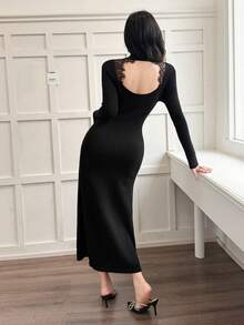 Modelyn Vestido de punto con cuello alto, decoración de encaje y diseño caladounicolordo, para otoño e invierno, ropa de mujer - Negro - Ver 2