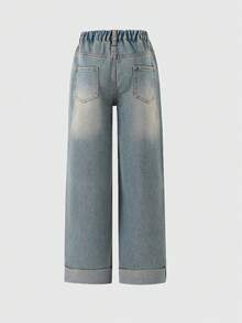 Quần jeans ống rộng Streetcool Tween Girl Tween Girl, Quần denim rộng rãi thường ngày - Rửa nhẹ - Xem 2
