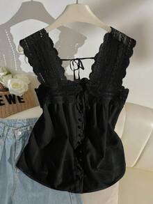 Resyla 女式夏季休闲纯色蕾丝拼布无袖衬衫