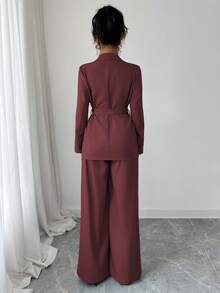 Selianne 2025春秋新款时尚优雅休闲/办公室通勤金属扣腰长袖外套+直筒宽松阔腿裤西装套装 - 酒紅色 - 查看 2