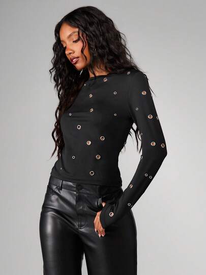 MISSGUIDED Eyelet Long Sleeve T-Shirt For Women Grunge Metal Hardware Detail Casual Top