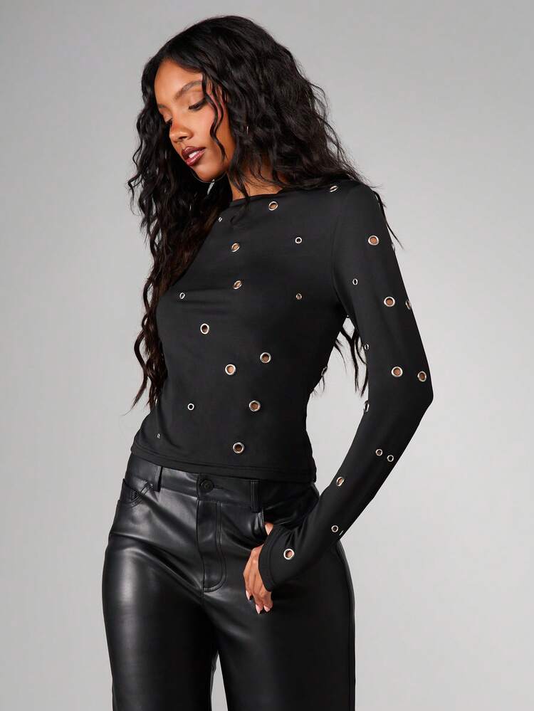 MISSGUIDED Damen Langarm T-Shirt mit Ösen, Grunge Metall Hardware Detail, Lässig Oberteil