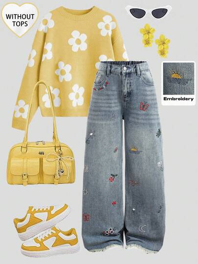 SHEIN Tween Girl Y2K Retro Washed High Waist Bowknot Flowers Embroidered Pocketed Cute Long Skirt Casual Baggy Jeans With Raw Hem, Fall Winter Back To School Homecoming Jeans, Pants Streetwear Vintage,Comfortable And Versatile, For 8-12 Years Old, Suitable For School, Home And Travel