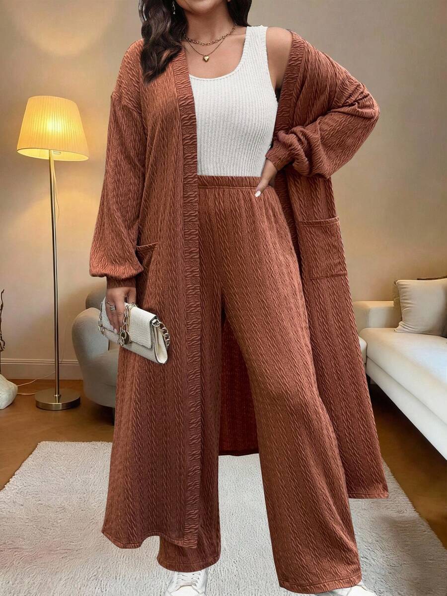 Vionelle Plus Size Women's French Style Casual Elegant Long Sleeve Maxi Two Pieces Set Wide Leg Pants Set Modest Two Piece Set Brown Two Piece Set Women Modest Sets For Women Brown Outfit Women