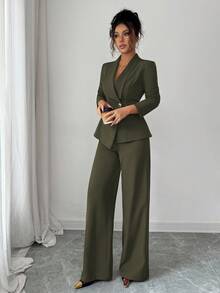 Elenzga 女士西装套装，西装面料，翻领，长袖，腰部收紧 A 字形不对称下摆，金属纽扣装饰，精致优雅，适合办公室、通勤、街头风格、法式浪漫、休闲、中东复古、下午茶、派对、感恩节、返校、春/秋/冬 - 軍綠色 - 查看 5