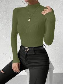 SHEIN Jersey de cuello alto de unicolor informal, otoño/invierno - Verde - Ver 6
