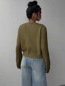 SHEIN BASICS Casual Solid Color Round Neck Long Sleeve Loose Cropped Women Sweater Cardigan Autumn Winter Clothes For Women - Army Green - View 2