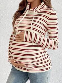 SHEIN 秋季/冬季孕妇条纹长袖抽绳连帽哺乳T恤 - 杏色 - 查看 4