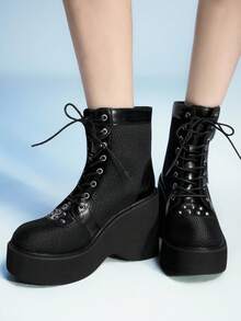 Sugerpunk Giày bốt cổ ngắn buộc dây lưới thời trang dự tiệc, dây đeo kép kim loại kiểu Gothic, khóa chéo, đế xuồng màu đen kiểu Punk, gót dày - màu đen - Xem 2