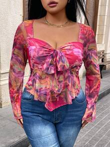 Hourglow Ceceforeign_ Plus Size Women's Fall Vacation/Back To School Clothes, Tie-Dye Floral Print Babydoll Blouse With Bow Tie Neck Long Sleeve Shirt, For Hourglass Body Shape