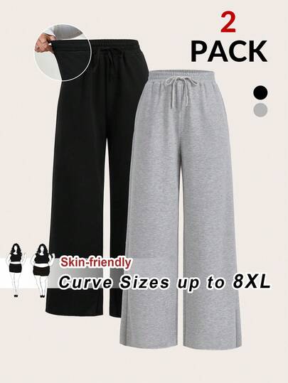 SHEIN CURVE+ Traje de dos piezas de talla grande para mujer en negro y gris, con pantalones de pierna ancha