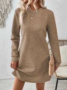 EMERY ROSE Women's Solid Color Casual Long Sleeve Everyday Dress - Khaki - View 3