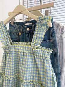 SHEIN PETITE CURVE 大码女式荷叶边格子短袖衬衫