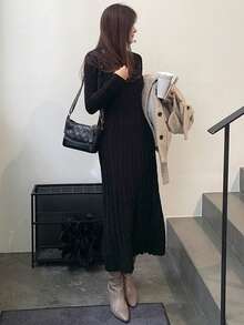 DAZY 女士麻花针织长袖圆领修身毛衣裙，高品质秋冬分层穿搭