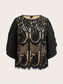 SHEIN Frenchy 大码优雅简约浪漫蕾丝雪纺拼接女式衬衫，适合办公室、约会、派对、春夏新品 - 黑色 - 查看 7