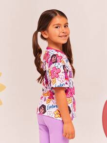 DORA | SHEIN Áo thun dệt kim tay ngắn cổ tròn vai trễ dễ thương in hình Dora và hoa cho bé gái - trắng - Xem 4