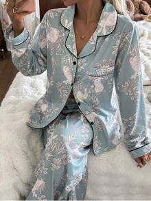 CottageSlumber Floral & Rabbit Print Long Sleeve Top & Pants Pajama Set With Collar, Fall Winter Clothes - Green - View 6