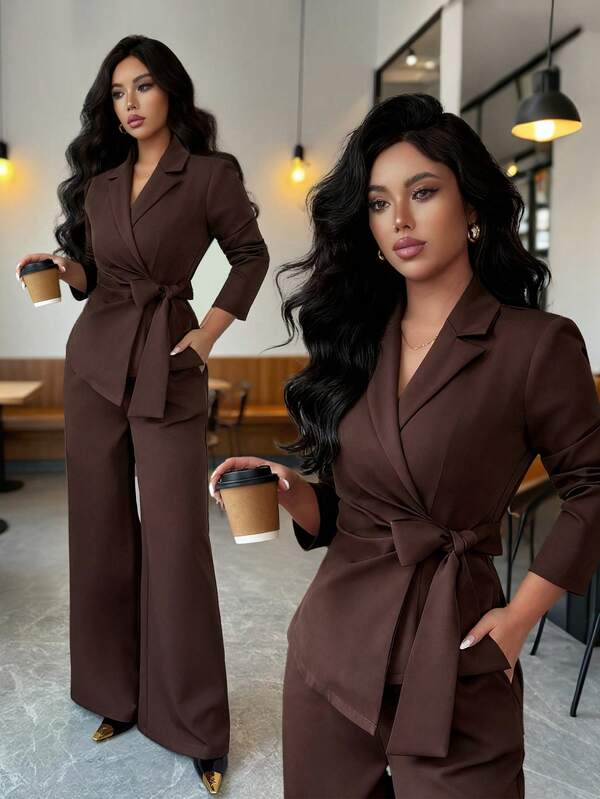 SHEIN Elenzya Women's Coffee Brown Double-Layer Stretchy V-Neck Wrap Chest Tie-Waist Design Elegant Professional Outfit, Suitable For Work, Halloween, Office, Autumn 2-Piece Set: Long Sleeve Tie-Front Top And Relaxed Straight Leg Pants