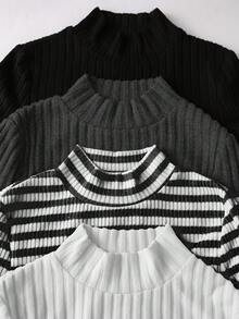 EMERY ROSE Bộ 4 áo thun tay dài cổ cao họa tiết đầu đông dành cho nữ mùa xuân - Nhiều màu - Xem 3