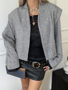 Livesso 女式格子黑白休闲夹克，秋季 - 黑與白 - 查看 4