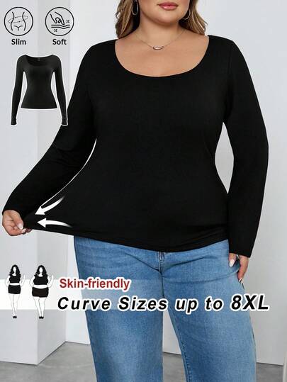 SHEIN CURVE+ 大码女式休闲纯色针织修身长袖圆领常规T恤，白色上衣，基本款长袖上衣