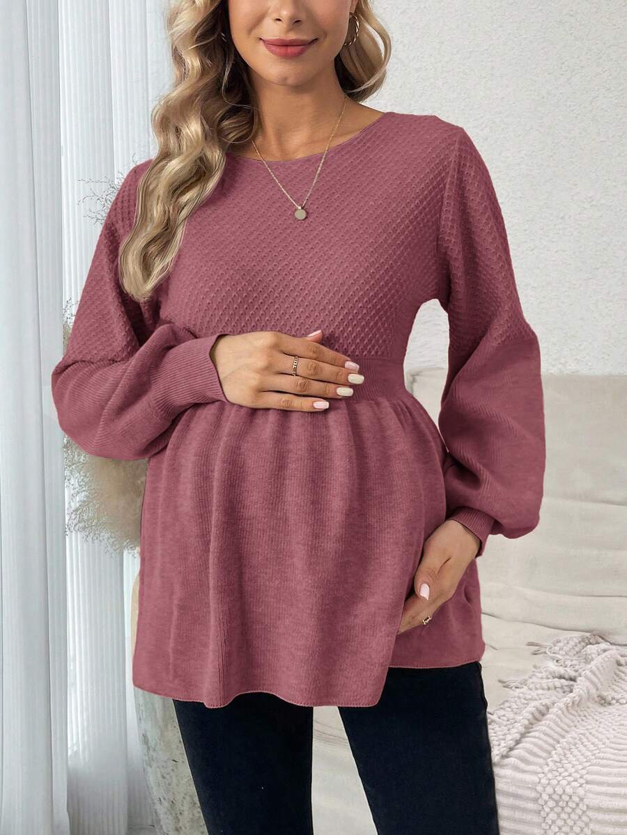 SHEIN 孕妇纯色圆领长袖休闲毛衣,秋冬 - 珊瑚粉 - 查看 1