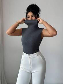 SHEIN Raffinéa Women's Elegant Fashion Minimalist Versatile Fitted Lapel Collar Cotton Tank Top, Spring/Autumn