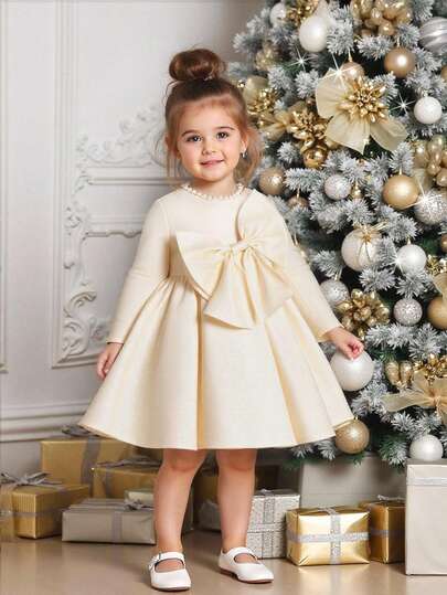 Baby Mädchen elegantes weißes Satin- und Tüll-Patchwork-Schleifenkleid für Partys