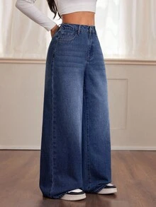 SHEIN PETITE Quần Jeans Nữ Thu Đông Halloween Giáng Sinh Năm Mới Y2K Dễ Thương Phong Cách Đường Phố Goth Grunge Thập Niên 2000 Quần Jeans Denim Cạp Cao Có Túi Ống Rộng Rộng Thường Ngày Đa Năng Quần Jeans Denim Cạp Cao Ống Rộng Cho Nữ Quần Jeans Xanh Trơn Quần Dài Quần Jeans Denim Ống Rộng Cho Nữ Thời Trang Quần Jeans Xanh Cạp Cao Rộng Vừa Vặn Cho Mặc Hàng Ngày Quần Jeans Lót Nhiệt Thoải Mái Và Thời Trang - Màu xanh lam - Xem 7