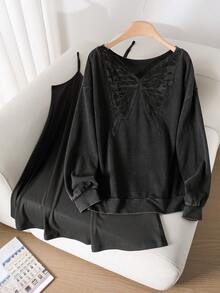 CosyJoli Conjunto de camiseta de manga larga con cuello redondo y vestido camisola con parches de encaje de mariposa para tallas grandes - Negro - Ver 4