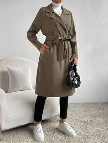 SHEIN Essnce Lapel Neck Raglan Sleeve Double Breasted Belted Trench Coat In Fall/Winter,Fall,Fall Clothes For Women - Mocha Brown - View 4