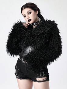 ROMWE Goth Damen Kunstfell Patchwork PU Leder Kurze Jacke, Herbst/Winter - Schwarz - Übersicht 5