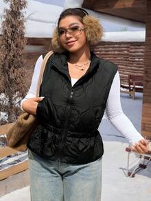 Comfortcana Plus Size Women's Black Waist-Cinching Versatile Fashion Vest Padded Coat, Autumn/Winter - Black - View 5