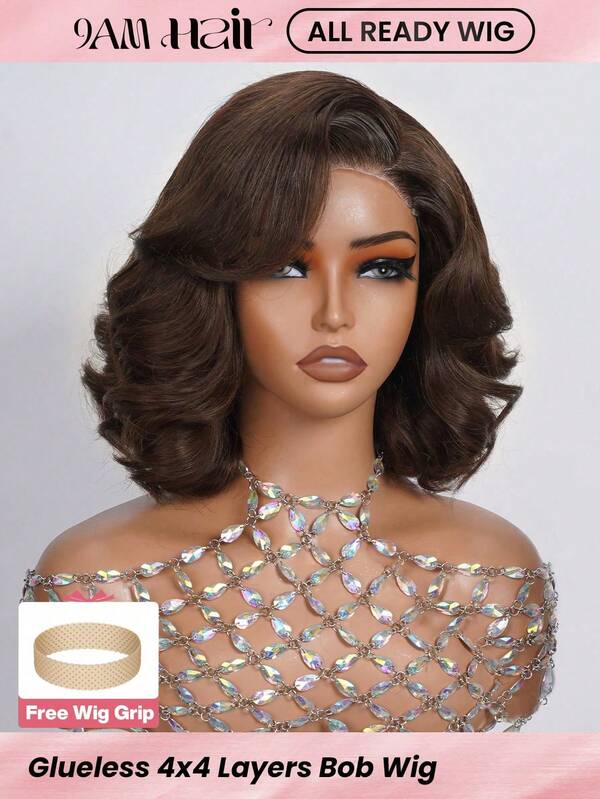 ALL READY WIG 4x4 Pre Cut Glueless Bouncy Loose Wave Lace Closure Bob Wig Human Hair 10-12 Inch Short Hair 180% Density For Women Lady Boss Vibe C Part Chocolate Brown 4# Pre-Plucked Hairline Wig