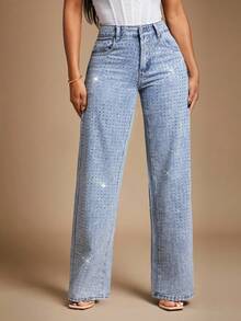 Radiana BAE Women's Low Waist Embellished Slim Straight Leg Jeans, New Years Eve Outfit,Glitter Pants,Christmas Party Women Pants,Sequin Pants,Holiday Pants,Baggy Women Jeans,Glitter Baggy Jeans,Glitter Pants - Medium Wash - View 1