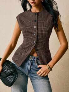 Poéselle Áo cánh ôm sát họa tiết răng sói dành cho nữ, phù hợp để đi làm - màu nâu - Xem 3