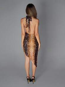 SHEIN ICON 女式鹿图案印花高领露背系带腰部不对称下摆中长连衣裙 - 彩色 - 查看 2