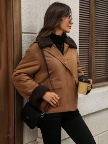 EMERY ROSE Women's Casual Zip-Up Thermal Lined Jacket With Sherpa Collar, Autumn/Winter Women's Winter Coat Brown Jacket - Brown - View 7