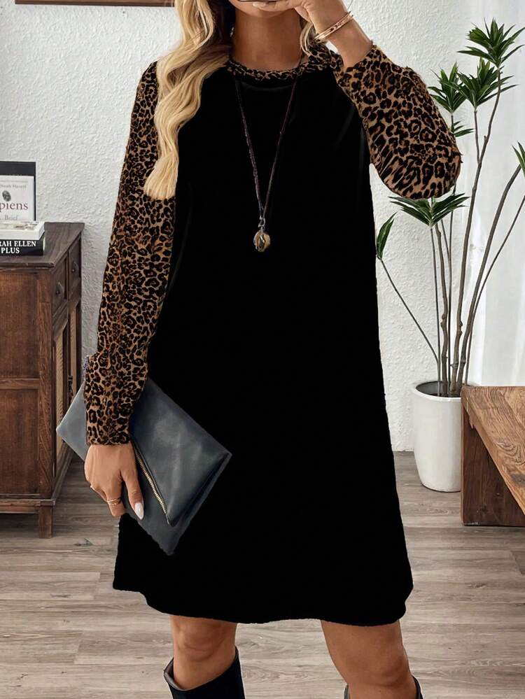 Women's Leopard Print Patchwork Round Neck Loose Straight Mini Dress Leopard Print Dress