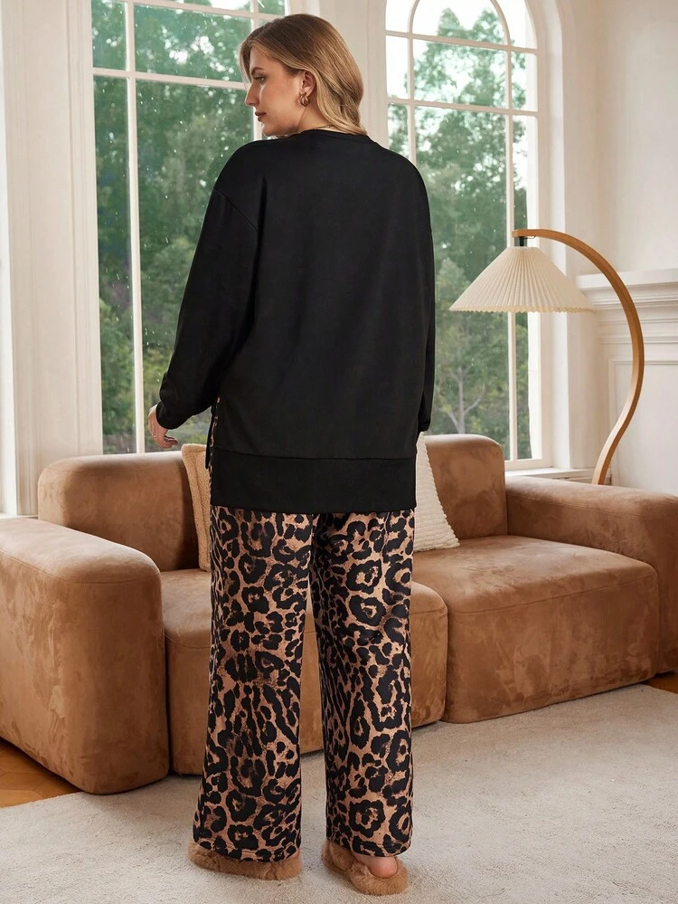 Plus Size Casual Solid Color Side Slit Hoodie & Leopard Print Pants 2 Pieces Set, Autumn Cozy Fall And Winter Clothes For Women New Year Look Maija Fall Winter 2025 Fall/Winter Party Elegant Dress Women