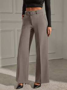 Women's Solid Belted Seam Suit Pants - Grey - View 6